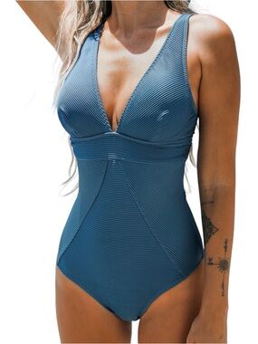 Cupshe Teal Brazilian Obsession V-Neck Paneled Tummy Control One Piece Swimsuit